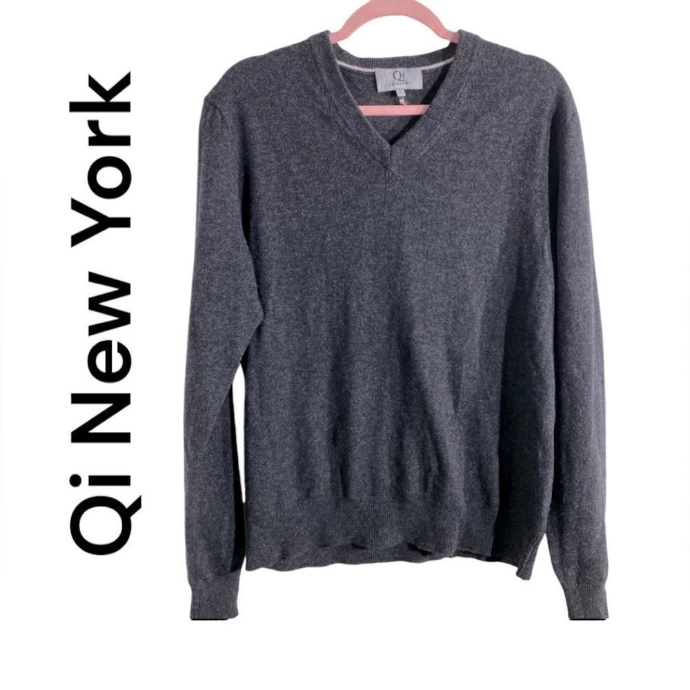 Qi Quinn New York 100%‎ Cashmere Classic V-Neck Sweater Navy Blue Men’s L
